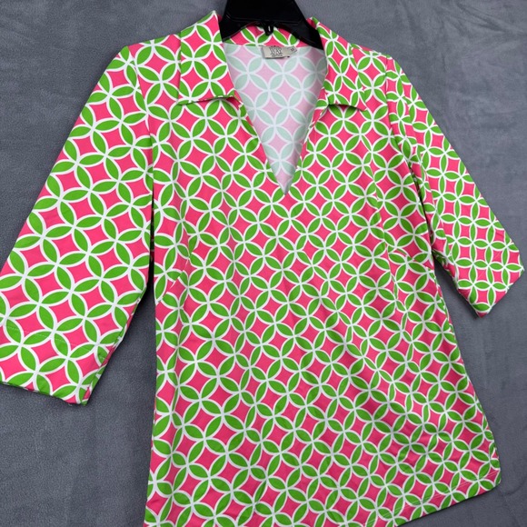 Katherine Way Tops - Katherine Way Tunic Top Women's Medium Pink Green Geo Print‎ 3/4 Sleeve USA Made